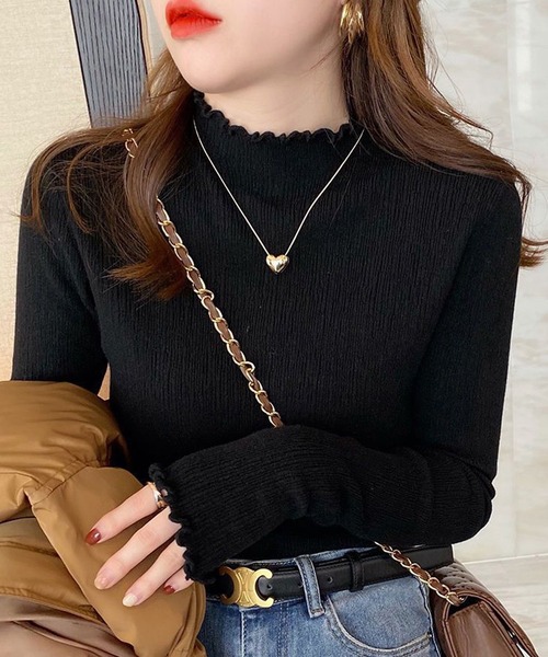 Girly Doll(ガーリードール)の「メロウフリルハイネックニット(ニット/セーター・レディース・ブラック/アイボリー/カーキ/ベージュ/イエロー/テラコッタ/ピンク/ブラウン/ホワイト・F)」の3枚目の写真