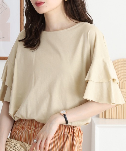 atONE(アットワン)の「atONE ダブルフリルスリーブプルオーバー(Tシャツ/カットソー・レディース・テラコッタ/ブラック/カーキ/ライトブラウン/ベージュ・M-L/LL~3L/4L~5L)」の4枚目の写真