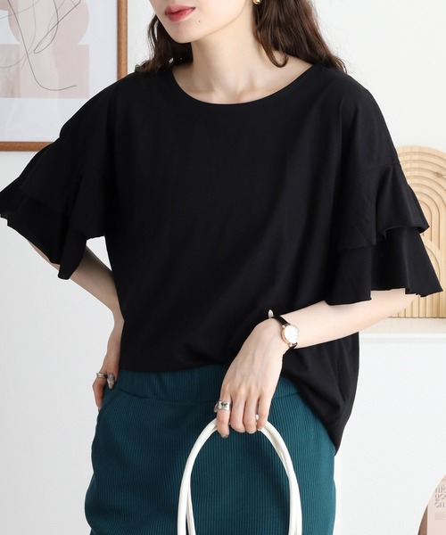atONE(アットワン)の「atONE ダブルフリルスリーブプルオーバー(Tシャツ/カットソー・レディース・テラコッタ/ブラック/カーキ/ライトブラウン/ベージュ・M-L/LL~3L/4L~5L)」の8枚目の写真