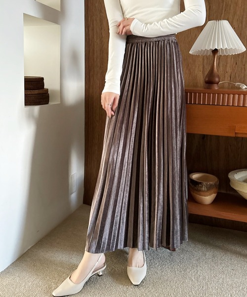 セール】ベロア プリーツ ロング フレア スカート（スカート