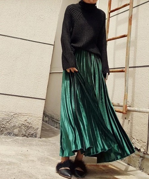 COCOMOMO（ココモモ）の「ベロア プリーツ ロング フレア スカート（スカート・レディース・ライトブラウン/ブラック/アイボリー/グリーン・FREE）」の18枚目の写真