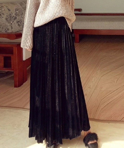 COCOMOMO（ココモモ）の「ベロア プリーツ ロング フレア スカート（スカート・レディース・ライトブラウン/ブラック/アイボリー/グリーン・FREE）」の14枚目の写真