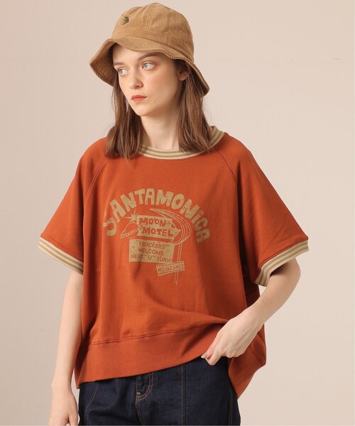 DOUBLE NAME(ダブルネーム)の「USED加工ラグラン半袖スウェット/ユニセックス可(Tシャツ/カットソー・レディース・オレンジ/スミクロ/グリーン・FREE)」の3枚目の写真