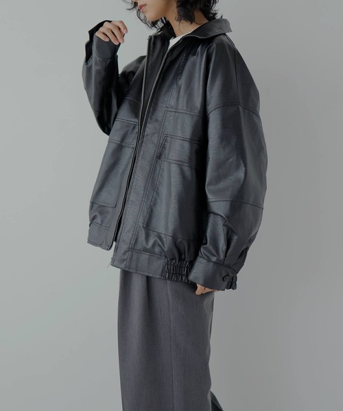 hellam（へラム）の「フェイクレザー　スタンドブルゾン（ブルゾン・レディース・ブラック/アイボリー/チャコール・FREE）」の9枚目の写真