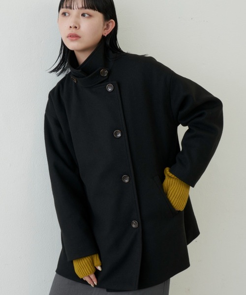 08Mab ⿻ ウール混 スタンドカラー ショートコート 黒 暖かい ミディアム 08Mab ⿻ ウール混 スタンドカラー ショートコート 黒 暖かい