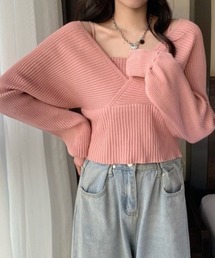 キャミレイヤード短丈カシュクールニット