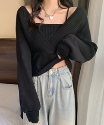 キャミレイヤード短丈カシュクールニット