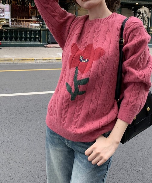 セール】フラワーケーブルニットプルオーバー（ニット/セーター