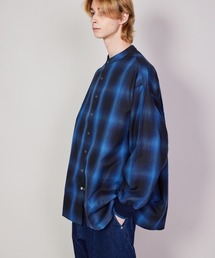 rehacer: No- Collar Ombre Check Rib Shirt / ノーカラーオンブレーチェックリブシャツ