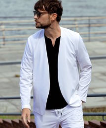 ノーカラーホワイトジャケット ウエストリボン付き ノーカラージャケット（ホワイト/白色系）ファッション通販