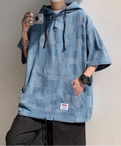 ROOPTOKYO（ループトウキョウ）の「パッチワーク風 ハーフスリーブ ビッグシルエットフーディ（パーカー・メンズ・ブラック/ブルー・L/M/XL）」の10枚目の写真