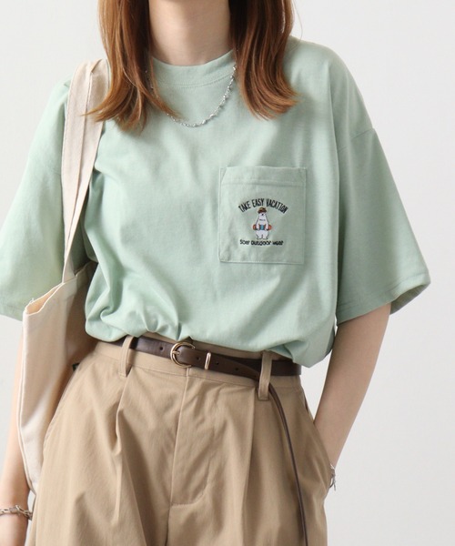 FUNALIVE（ファンアライブ）の「オーバーサイズ ワンポイントアニマル刺繍Tシャツ　半袖（Tシャツ/カットソー・メンズ・ダークグリーン/スミクロ/サックスブルー系/ホワイト/ネイビー/ブラック/ホワイト系/ライトグリーン系・M/LL/L）」の6枚目の写真