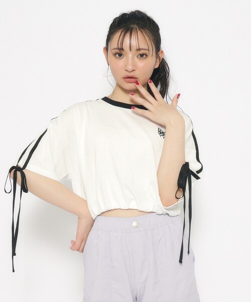 PINK-latte（ピンクラテ）の「◆【スクールコーデ】袖ラインリボンTシャツ（Tシャツ/カットソー・キッズ・ピンク系/オフホワイト/ブラック・14/15 /16）」の2枚目の写真