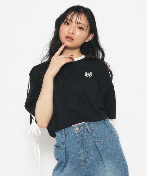 PINK-latte（ピンクラテ）の「◆【スクールコーデ】袖ラインリボンTシャツ（Tシャツ/カットソー・キッズ・ピンク系/オフホワイト/ブラック・14/15 /16）」の3枚目の写真