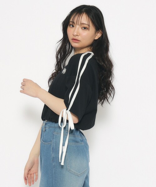 PINK-latte（ピンクラテ）の「◆【スクールコーデ】袖ラインリボンTシャツ（Tシャツ/カットソー・キッズ・ピンク系/オフホワイト/ブラック・14/15 /16）」の9枚目の写真