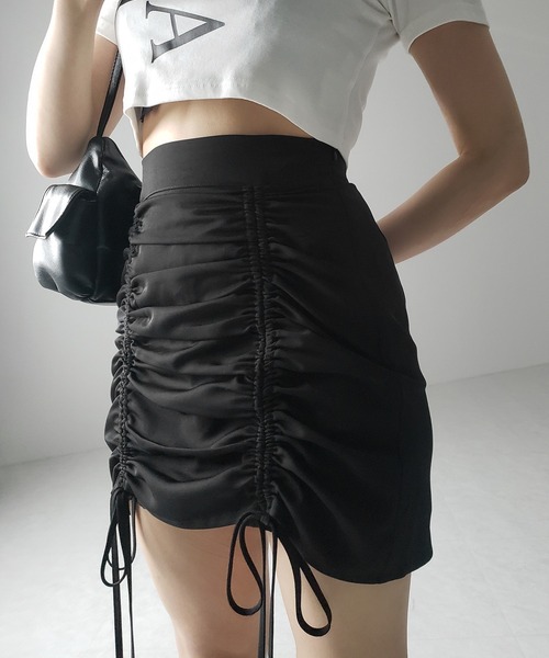 me+em select(ミームセレクト)の「※※【 インパン裏地付 / セルフカット調節可能 】 ストラップダブルリボンシャーリングミニスカート / strap double ribbon shirring mini skirt(スカート・レディース・グレー/ブラック/アイボリー・SMALL/LARGE/MEDIUM)」の11枚目の写真