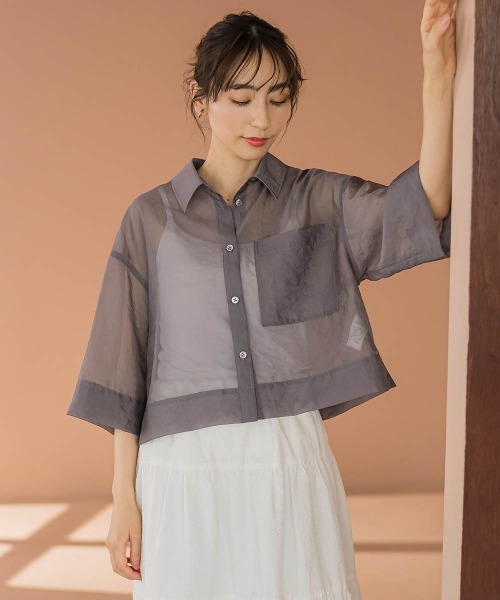 Droite lautreamont(ドロワットロートレアモン)の「【カタログ掲載】ロンドオーガンザクロップドシャツ≪洗濯機で洗える≫(シャツ/ブラウス・レディース・オフホワイト/チャコールグレー/ピンク・M)」の2枚目の写真