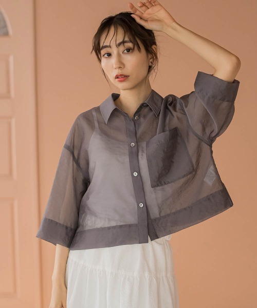 Droite lautreamont(ドロワットロートレアモン)の「【カタログ掲載】ロンドオーガンザクロップドシャツ≪洗濯機で洗える≫(シャツ/ブラウス・レディース・オフホワイト/チャコールグレー/ピンク・M)」の16枚目の写真