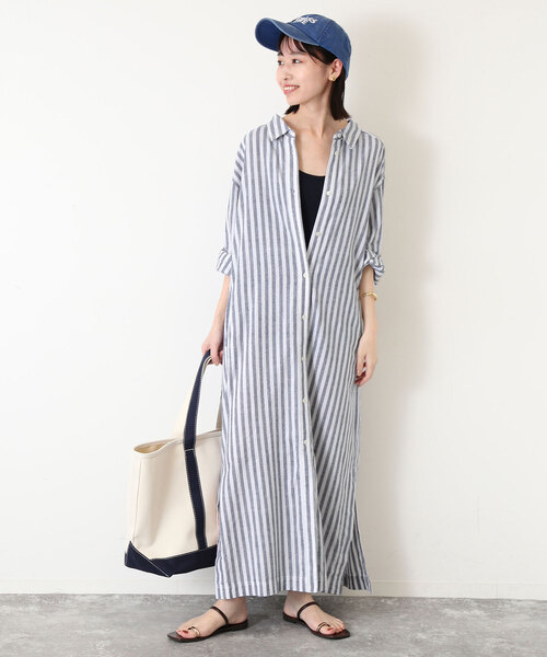 SLOBE IENA（スローブイエナ）の「リネン混シャツワンピース（シャツワンピース・レディース・イエロー/ネイビー・FREE）」の8枚目の写真