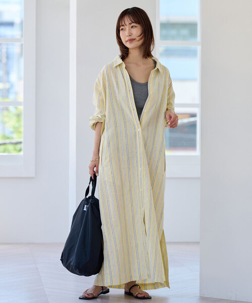 SLOBE IENA（スローブイエナ）の「リネン混シャツワンピース（シャツワンピース・レディース・イエロー/ネイビー・FREE）」の13枚目の写真