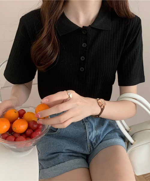 MAISON DE THERESE（メゾン ド テレーズ）の「ハーフボタン半袖ポロシャツ（ポロシャツ・レディース・グレー/ブラック/ベージュ・L/M）」の6枚目の写真