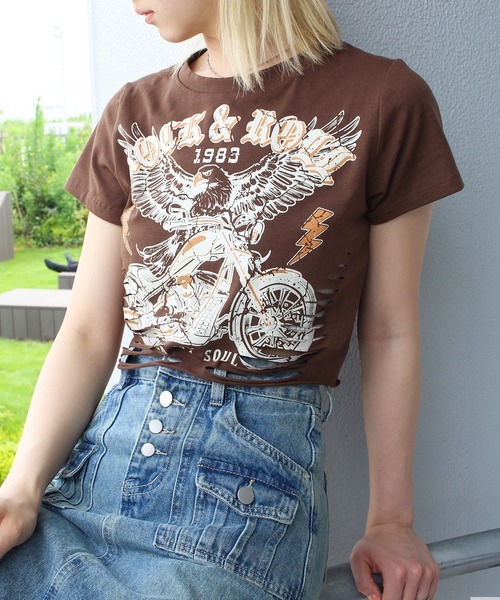 SpRay(スプレイ)の「EAGLEブロークン半袖ショート丈Tシャツ(Tシャツ/カットソー・レディース・オフホワイト/ブラウン・FREE)」の2枚目の写真