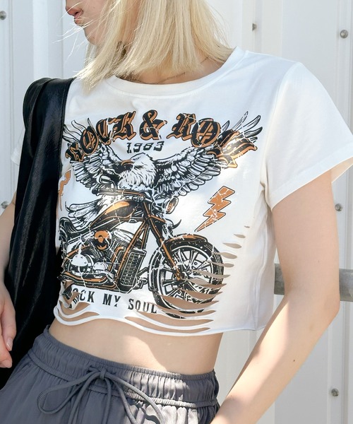 SpRay(スプレイ)の「EAGLEブロークン半袖ショート丈Tシャツ(Tシャツ/カットソー・レディース・オフホワイト/ブラウン・FREE)」の1枚目の写真