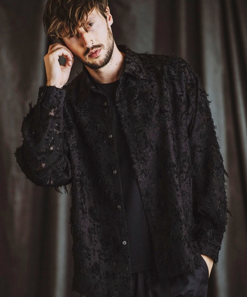 NO ID.（ノーアイディ）の「【NO ID.】Sheer Jacquard Big Shirt / シアー ジャガード ビッグ シャツ（シャツ/ブラウス・メンズ・ブラック/ホワイト・ONE SIZE）」の2枚目の写真