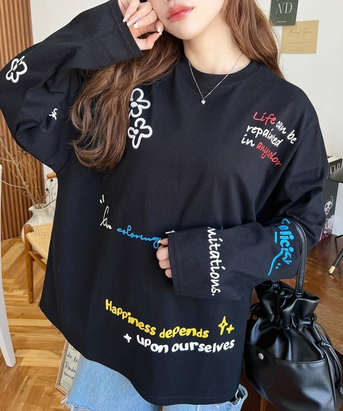 セール】綿100%天竺カラフル落書きプリントオーバーサイズロングT