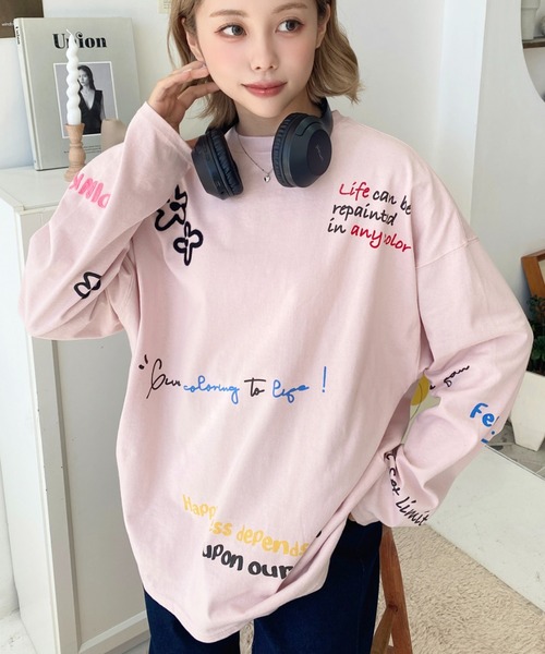 綿100%天竺カラフル落書きプリントオーバーサイズロングTシャツ（T  