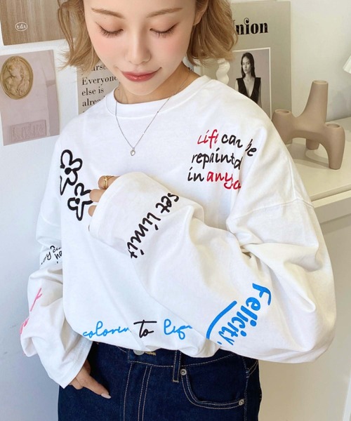 綿100%天竺カラフル落書きプリントオーバーサイズロングTシャツ（T  