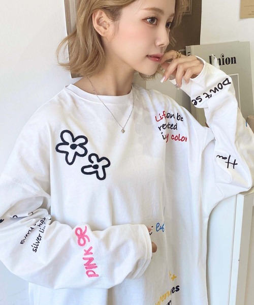 綿100%天竺カラフル落書きプリントオーバーサイズロングTシャツ（T  