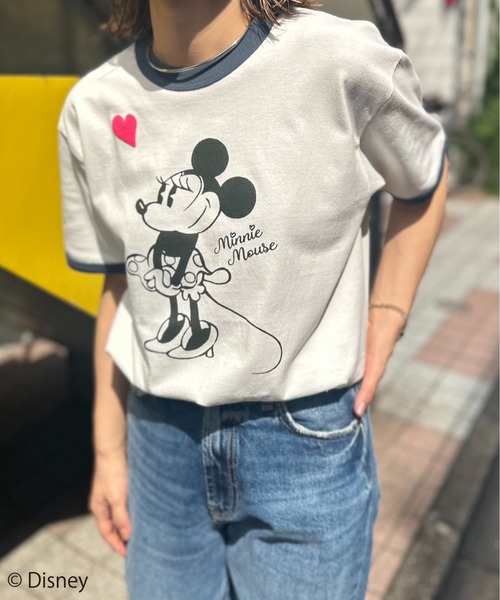 Disney(ディズニー)の「【Disney】別注 Mickey 発泡ハート/ミニーマウス リンガーTシャツ(Tシャツ/カットソー・レディース・ネイビー/スミクロ/グリーン・MEDIUM)」の5枚目の写真