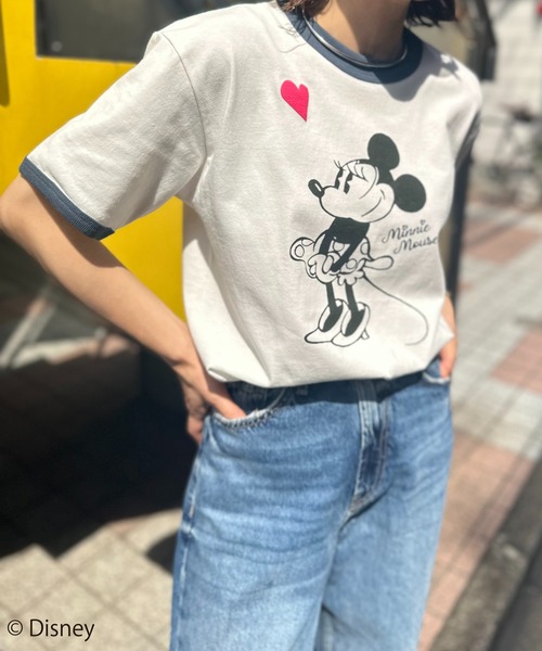 Disney(ディズニー)の「【Disney】別注 Mickey 発泡ハート/ミニーマウス リンガーTシャツ(Tシャツ/カットソー・レディース・ネイビー/スミクロ/グリーン・MEDIUM)」の6枚目の写真
