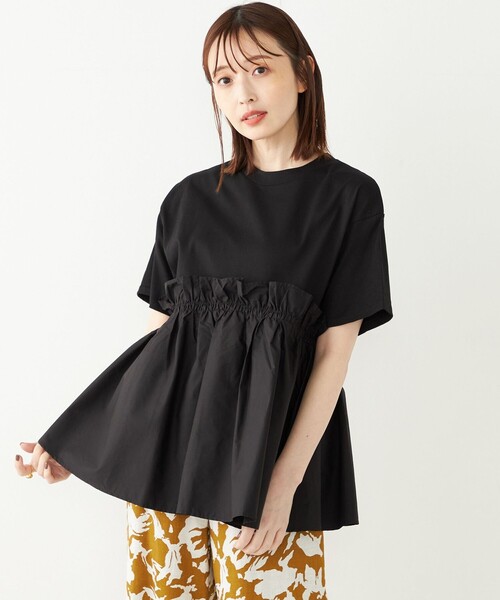 SHIPS Colors(シップス カラーズ)の「SHIPS Colors:〈手洗い可能〉フハク ドッキング TEE 2◇(Tシャツ/カットソー・レディース・オフホワイト/ブラック・ONE SIZE)」の2枚目の写真