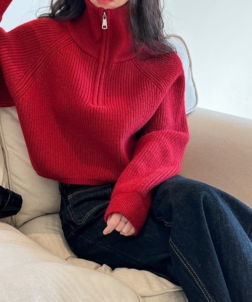 deux amour(ドゥーザムール)の「ハーフジップニット長袖プルオーバー(Tシャツ/カットソー・レディース・ホワイト/ブラック/ブラウン/レッド・FREE)」の4枚目の写真