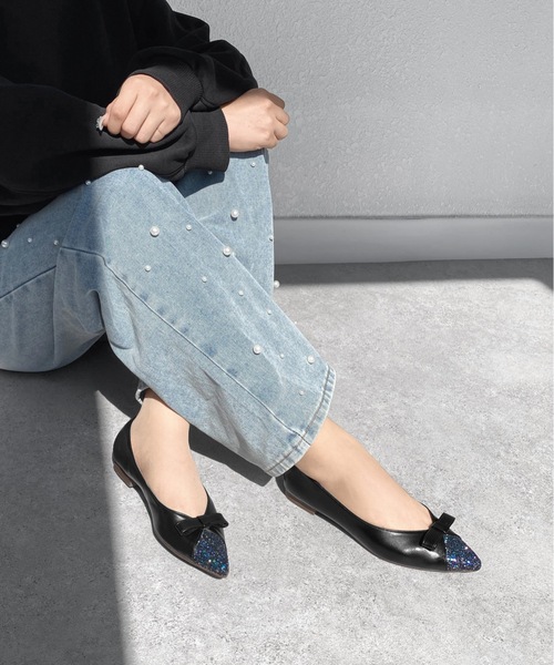 【セール】グリッタートゥ リボンフラットシューズ（パンプス）｜MAMIAN（マミアン）