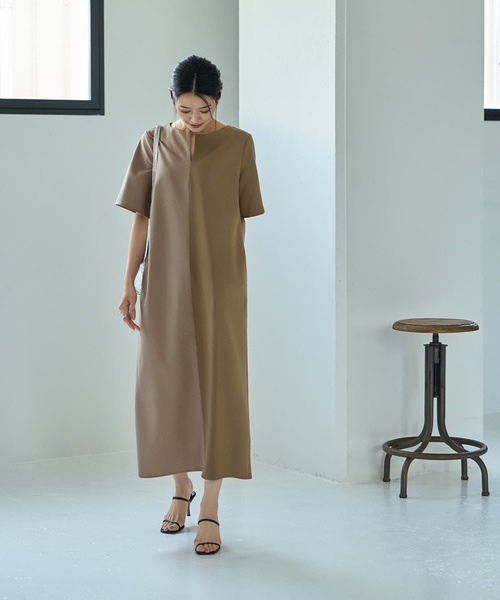 STYLE DELI(スタイルデリ)の「ハーフ微配色キーネックワンピース(ワンピース・レディース・グレー系その他/ベージュ系その他・SMALL/MEDIUM)」の9枚目の写真