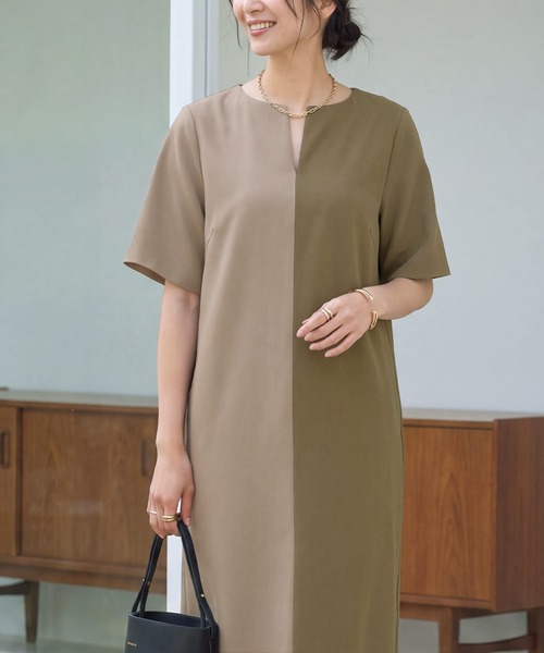 STYLE DELI（スタイルデリ）の「ハーフ微配色キーネックワンピース（ワンピース・レディース・グレー系その他/ベージュ系その他・SMALL/MEDIUM）」の5枚目の写真