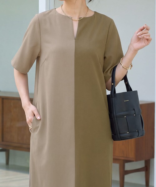 STYLE DELI（スタイルデリ）の「ハーフ微配色キーネックワンピース（ワンピース・レディース・グレー系その他/ベージュ系その他・SMALL/MEDIUM）」の7枚目の写真