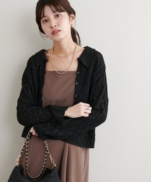 natural couture(ナチュラルクチュール)の「【WEB限定】透かし編み衿付きニットカーデ(カーディガン/ボレロ・レディース・アイボリー/サックスブルー/ブラック・FREE)」の12枚目の写真