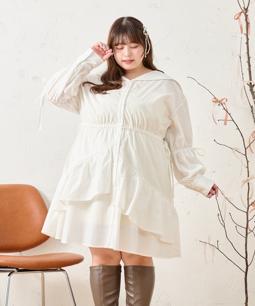 Louiosy(ルオシー)の「【大きいサイズ】アシンメトリーデザインミニシャツワンピース(ワンピース・レディース・ブラック/オフホワイト/サックスブルー・X-LARGE/4L)」の5枚目の写真