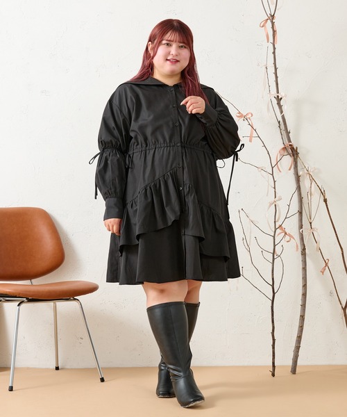 Louiosy(ルオシー)の「【大きいサイズ】アシンメトリーデザインミニシャツワンピース(ワンピース・レディース・ブラック/オフホワイト/サックスブルー・X-LARGE/4L)」の12枚目の写真