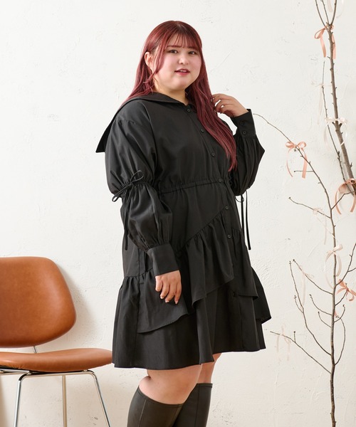 Louiosy(ルオシー)の「【大きいサイズ】アシンメトリーデザインミニシャツワンピース(ワンピース・レディース・ブラック/オフホワイト/サックスブルー・X-LARGE/4L)」の11枚目の写真