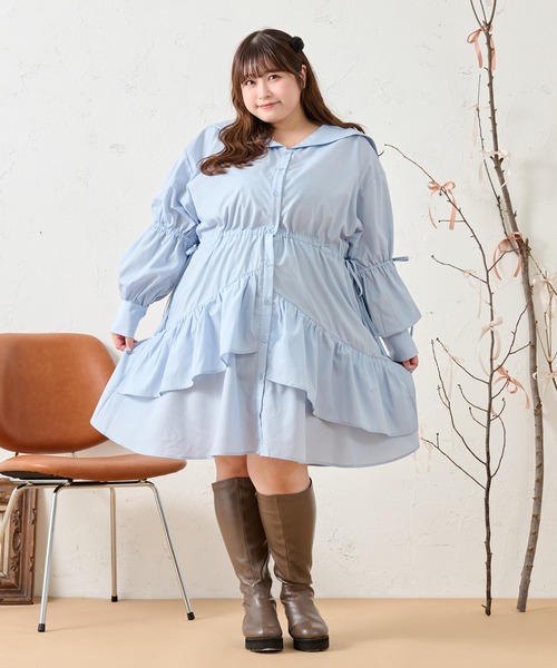 Louiosy(ルオシー)の「【大きいサイズ】アシンメトリーデザインミニシャツワンピース(ワンピース・レディース・ブラック/オフホワイト/サックスブルー・X-LARGE/4L)」の16枚目の写真