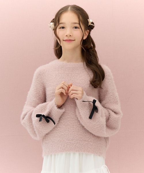 Amourire girl（アムリールガール）の「袖リボンシャギーニットプルオーバー（130㎝～160㎝）（ニット/セーター・キッズ・イエロー/パープル/ベージュ/オフホワイト/ブルー/ブラック/ピンク・160cm/130cm/140cm/150cm）」の7枚目の写真