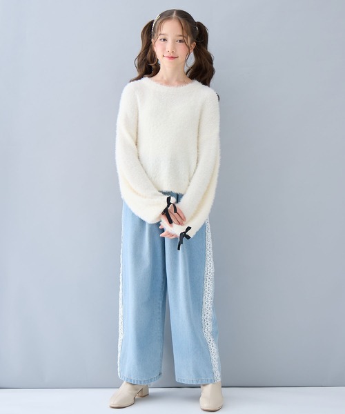 Amourire girl（アムリールガール）の「袖リボンシャギーニットプルオーバー（130㎝～160㎝）（ニット/セーター・キッズ・イエロー/パープル/ベージュ/オフホワイト/ブルー/ブラック/ピンク・160cm/130cm/140cm/150cm）」の10枚目の写真