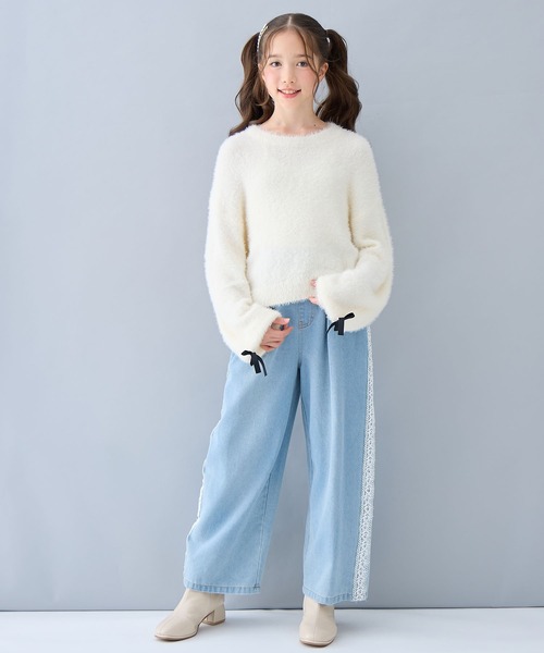 Amourire girl（アムリールガール）の「袖リボンシャギーニットプルオーバー（130㎝～160㎝）（ニット/セーター・キッズ・イエロー/パープル/ベージュ/オフホワイト/ブルー/ブラック/ピンク・160cm/130cm/140cm/150cm）」の12枚目の写真