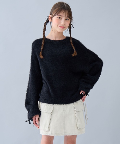 Amourire girl（アムリールガール）の「袖リボンシャギーニットプルオーバー（130㎝～160㎝）（ニット/セーター・キッズ・イエロー/パープル/ベージュ/オフホワイト/ブルー/ブラック/ピンク・160cm/130cm/140cm/150cm）」の18枚目の写真