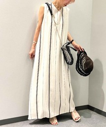 Q | ストライプ麻混ワンピース(ワンピース)